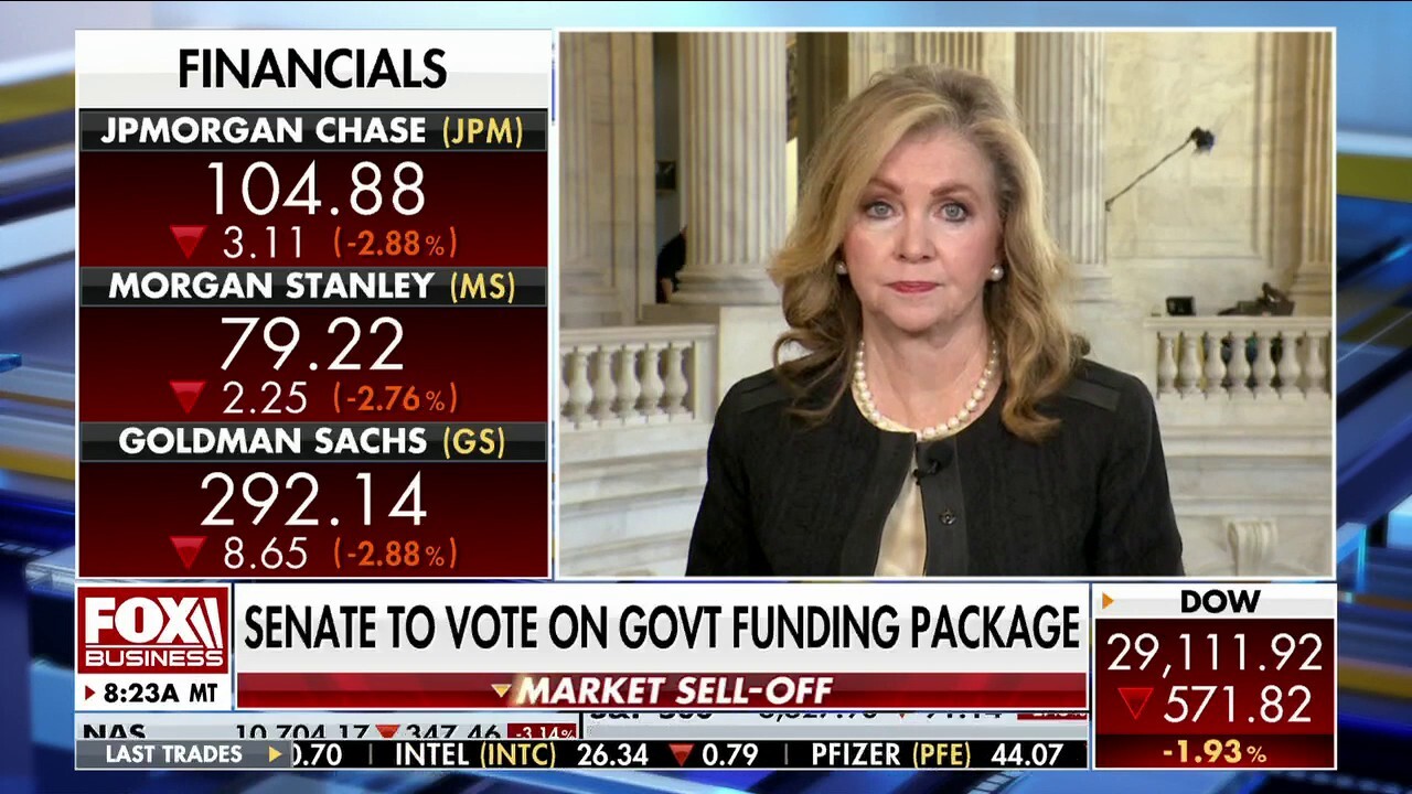 Sen. Marsha Blackburn, R-Tenn., criticizes Democrats’ push to pass C.R. to avoid a government shutdown for adding more debt and fueling inflation.