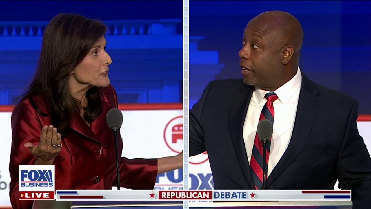 2024 presidential candidates Nikki Haley and Tim Scott spar with each other over their records during the second GOP debate at the Ronald Reagan Presidential Library.