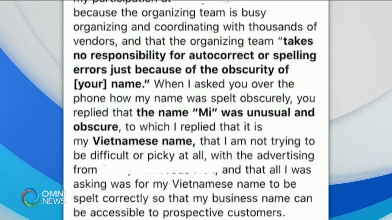 亞裔名字引發族裔歧視投訴 -- Mar 26, 2021 (ON)