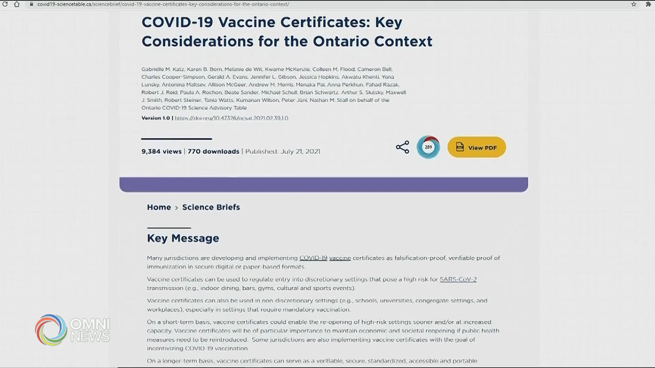 科學顧問小組建議省府發出疫苗證明文件 -- Jul 22, 2021 (ON)